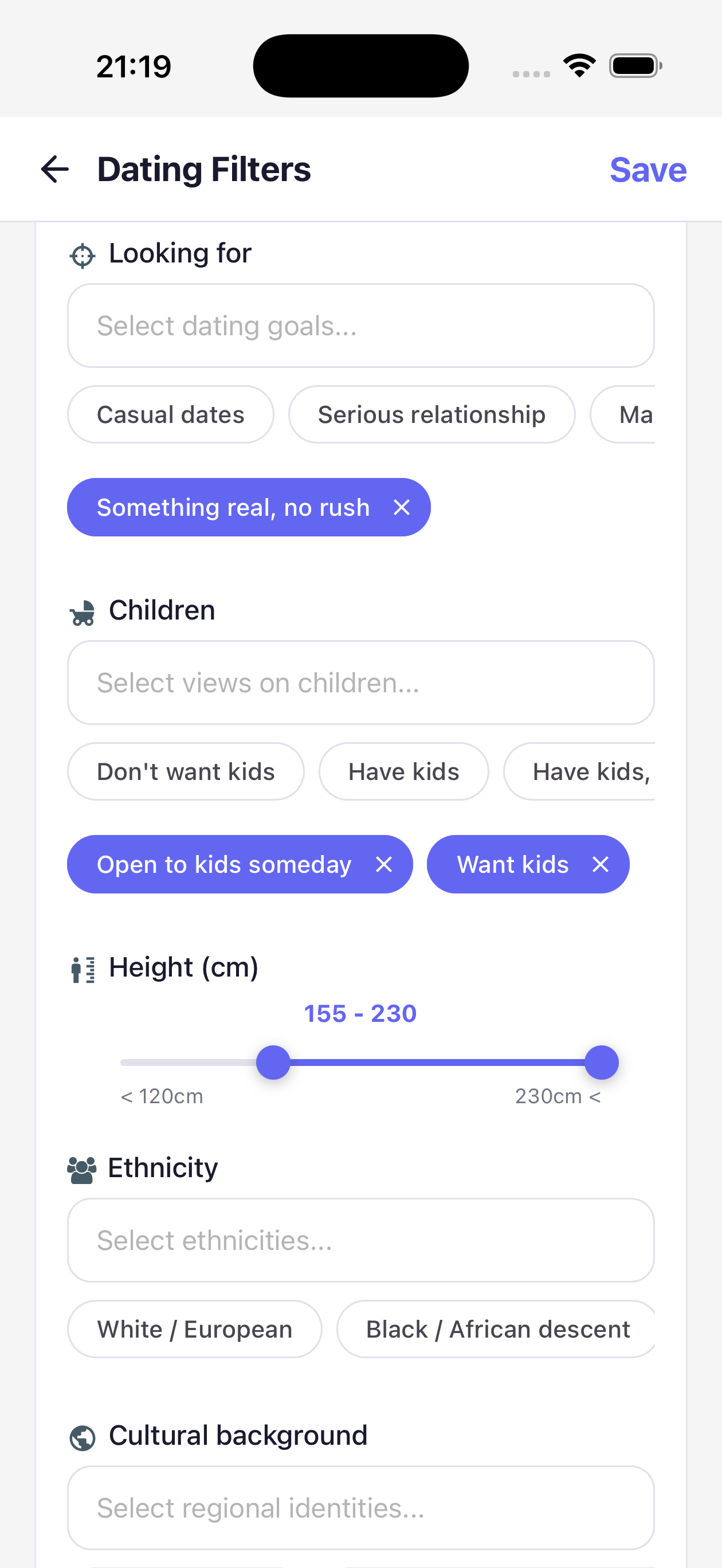 Filters screen — your filters, your reasons