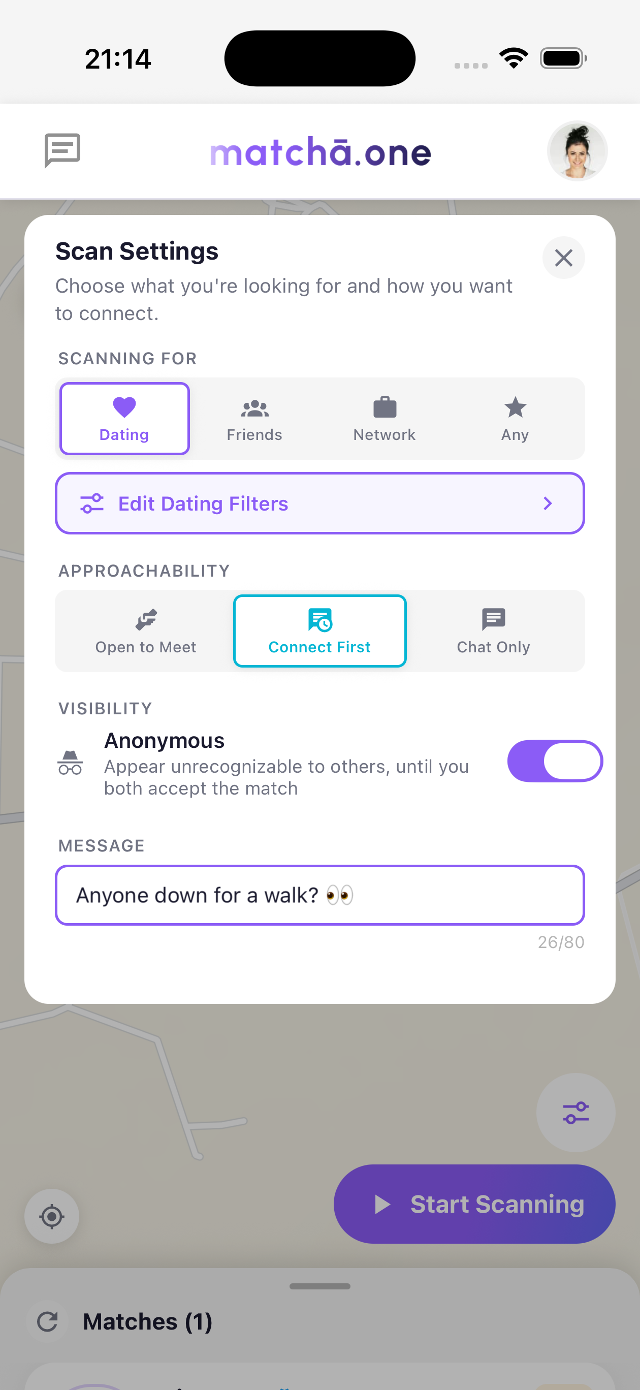 Scan setup screen — pick intention and filters